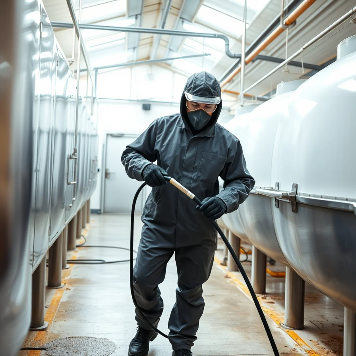 Technician sanitizing stainless steel bulk milk tank and dairy piping with food-grade steam wand