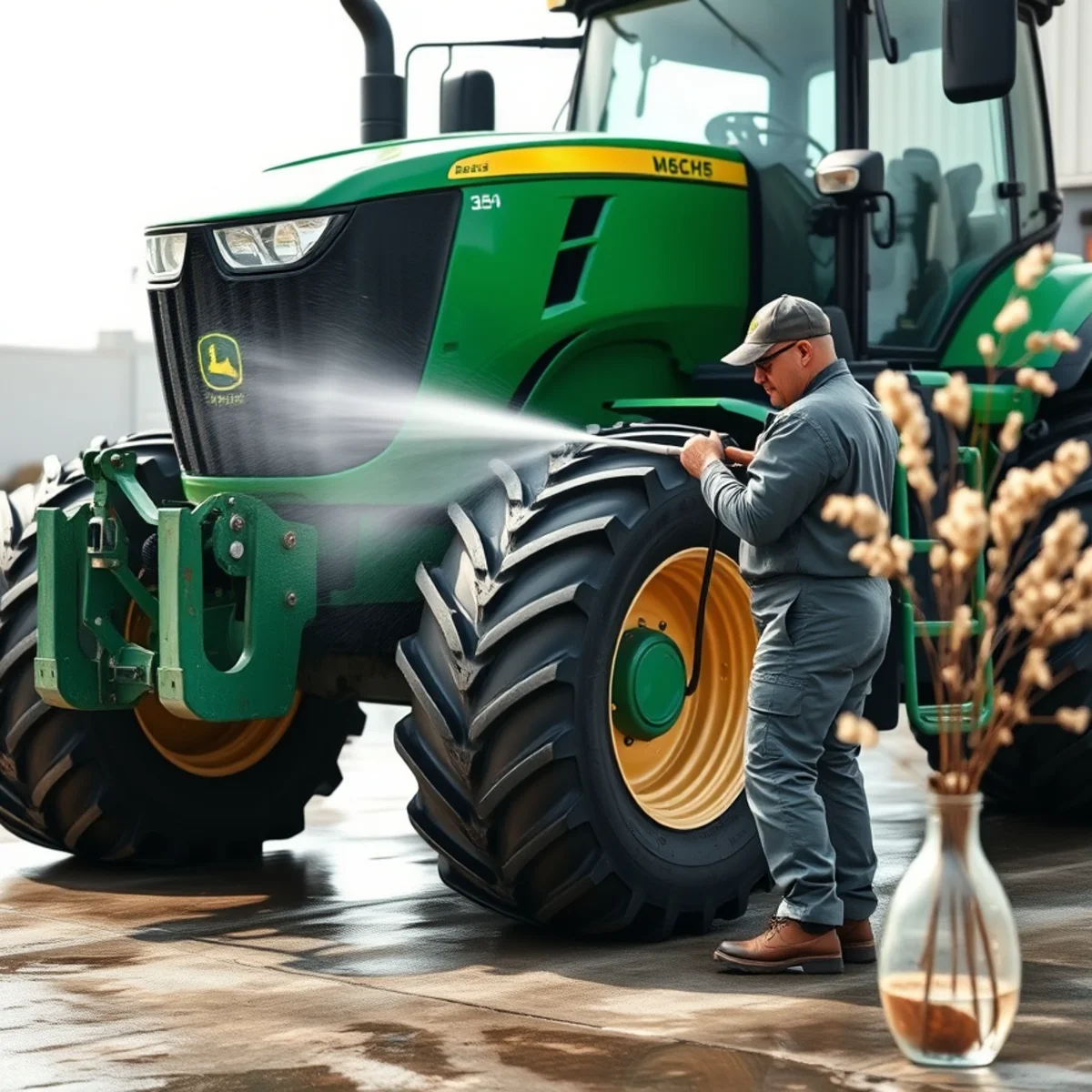 Worker pressure washing fine fire soot and dust from green farm tractor on outdoor concrete pad