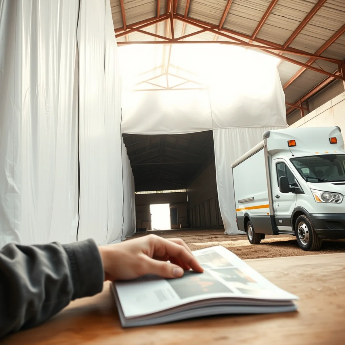 Heavy containment curtains isolating livestock feed storage area from smoke-affected barn wing