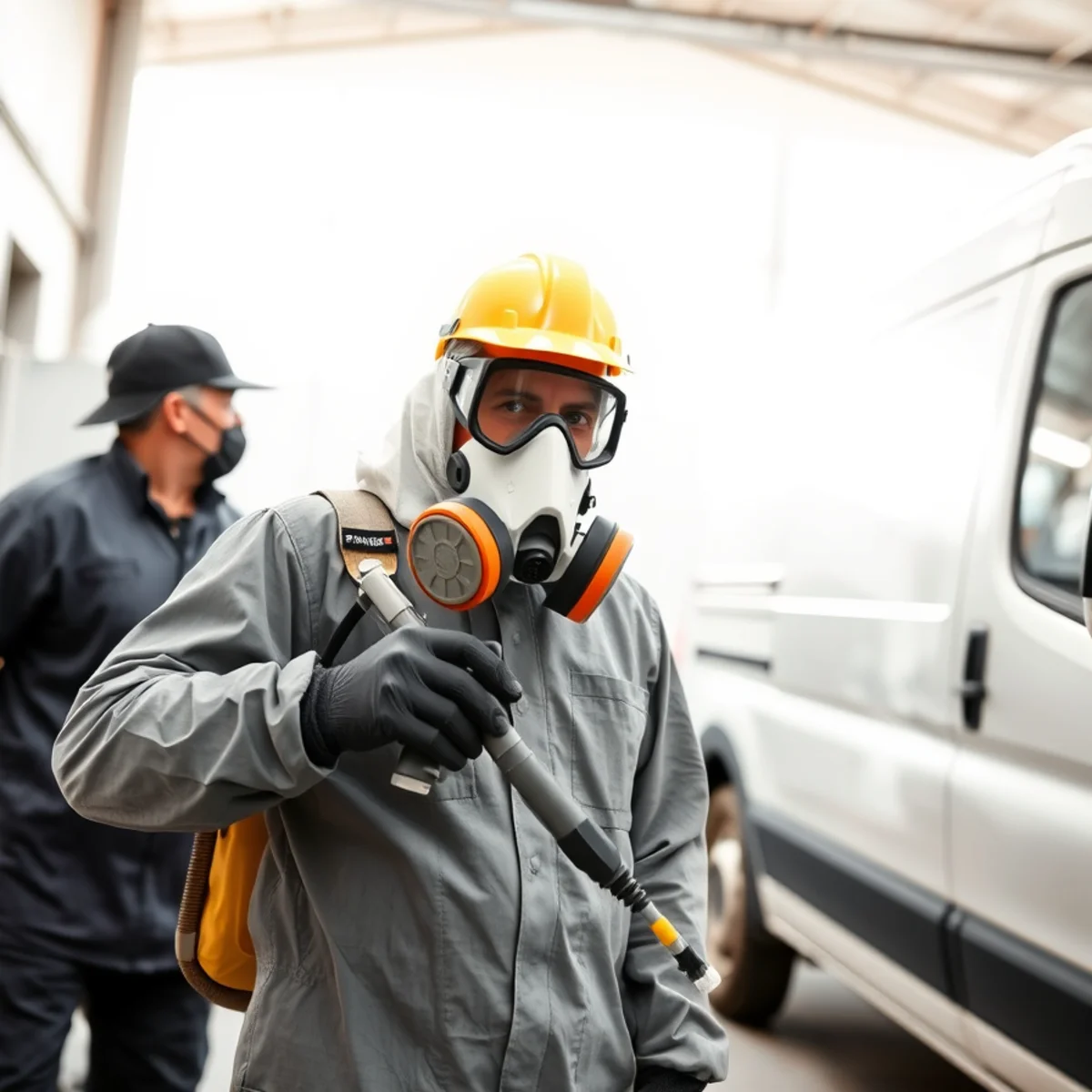 Biohazard technician wearing full personal protective equipment and holding disinfection equipment