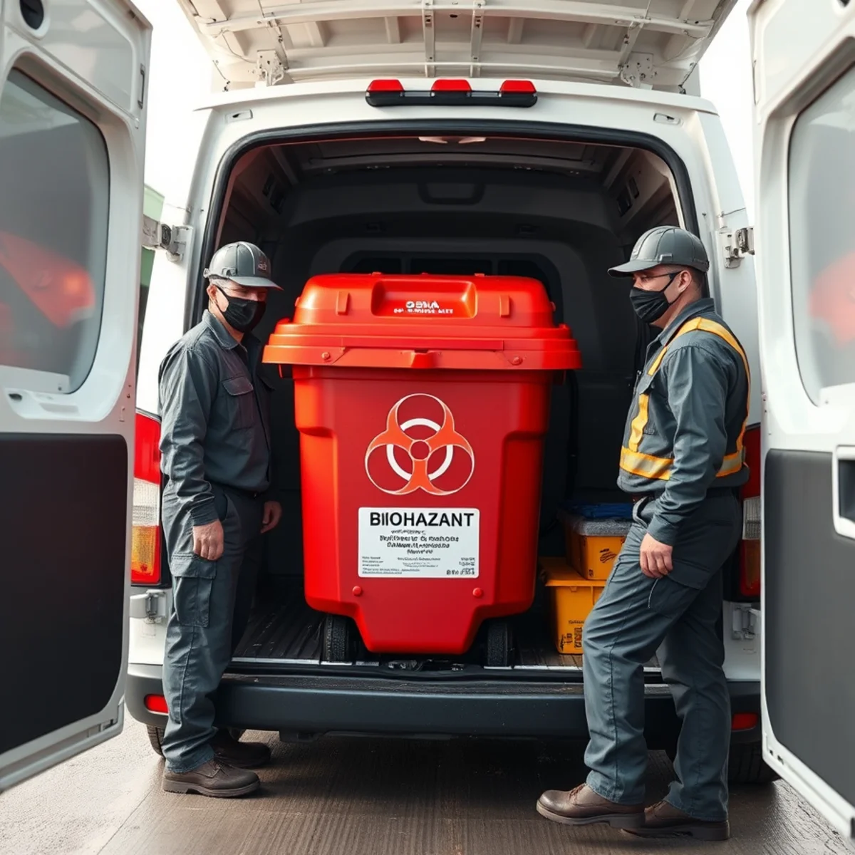 Sealed red biohazard container with tracking manifest inside licensed transport vehicle