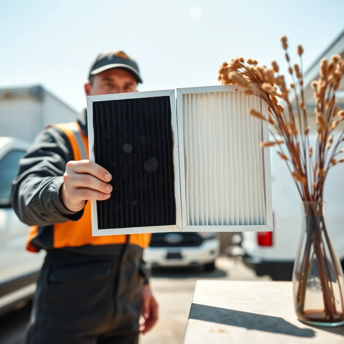 Soot-saturated black furnace air filter held beside clean white replacement filter for comparison