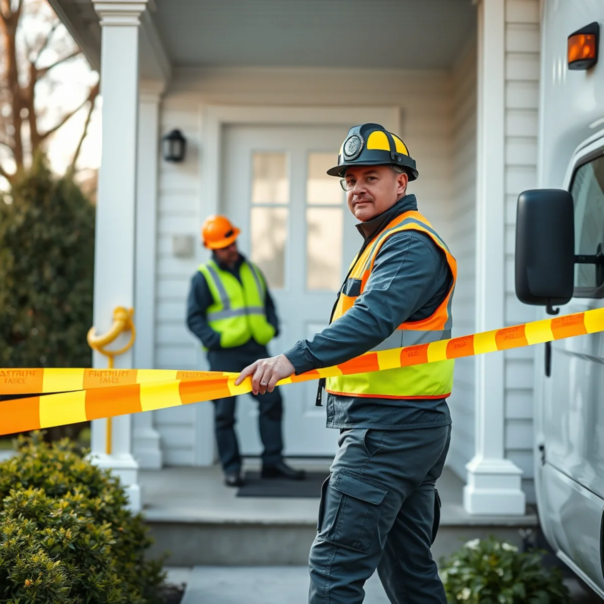 Safety inspector placing yellow barrier tape across residential porch to secure site safety