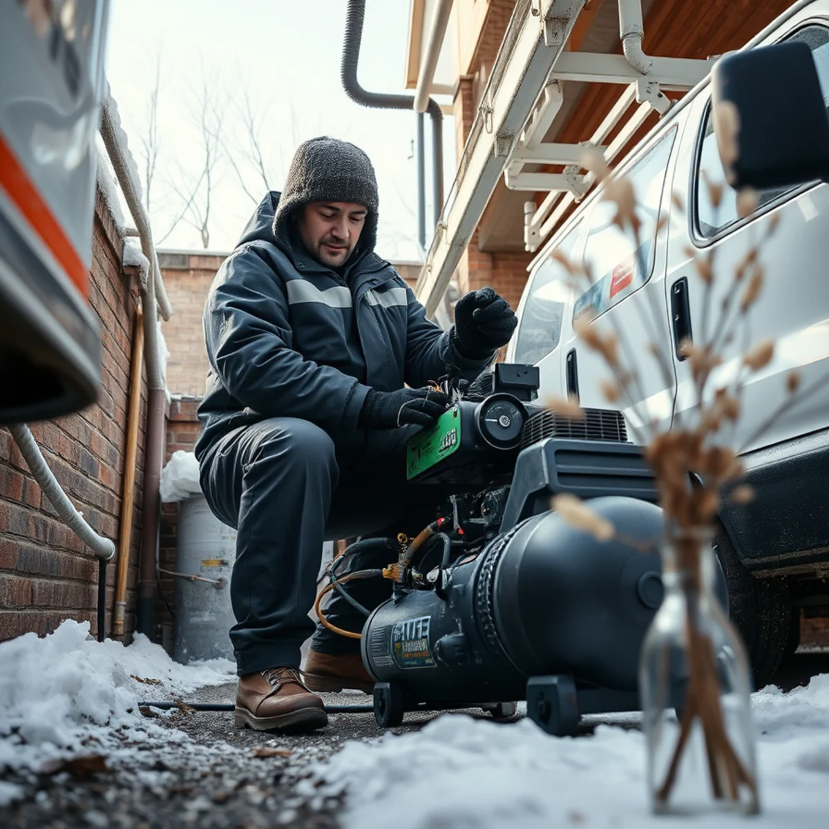 Technician connecting compressor to domestic water pipes in basement to prevent winter freeze