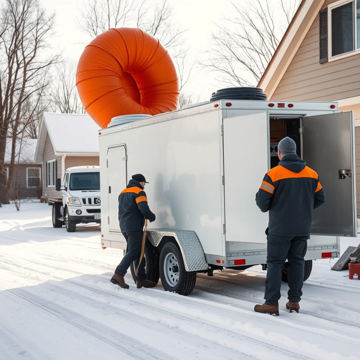 Commercial indirect-fired heating trailer pumping dry heated air into winter home via duct