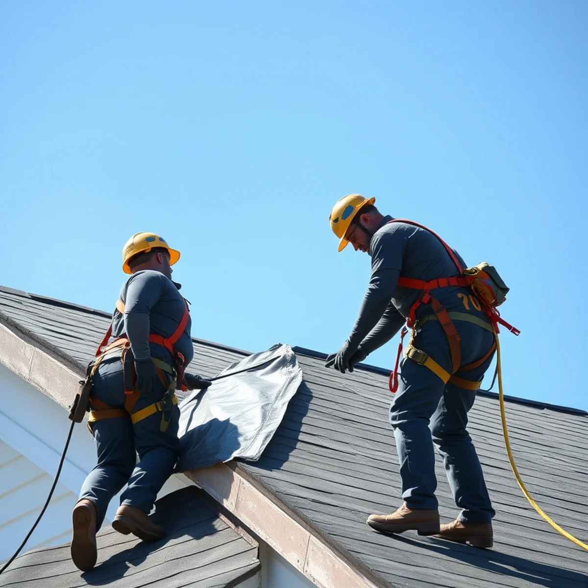 Roofers securing heavy-duty commercial tarp over damaged roof valley using wooden batten strips