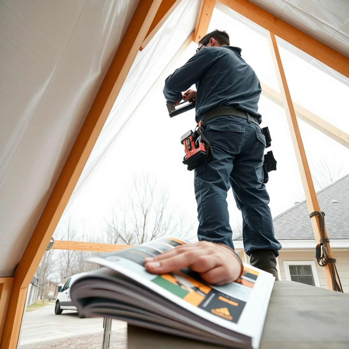 Technician securing reinforced polyethylene weatherproofing over exposed attic gable framing
