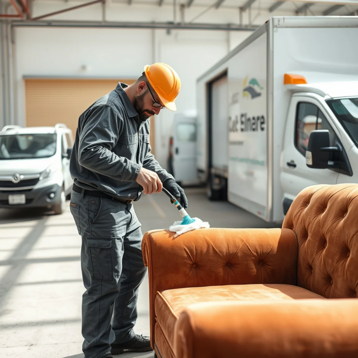 Technician using solvent-based dry upholstery tool on delicate smoke-affected velvet armchair