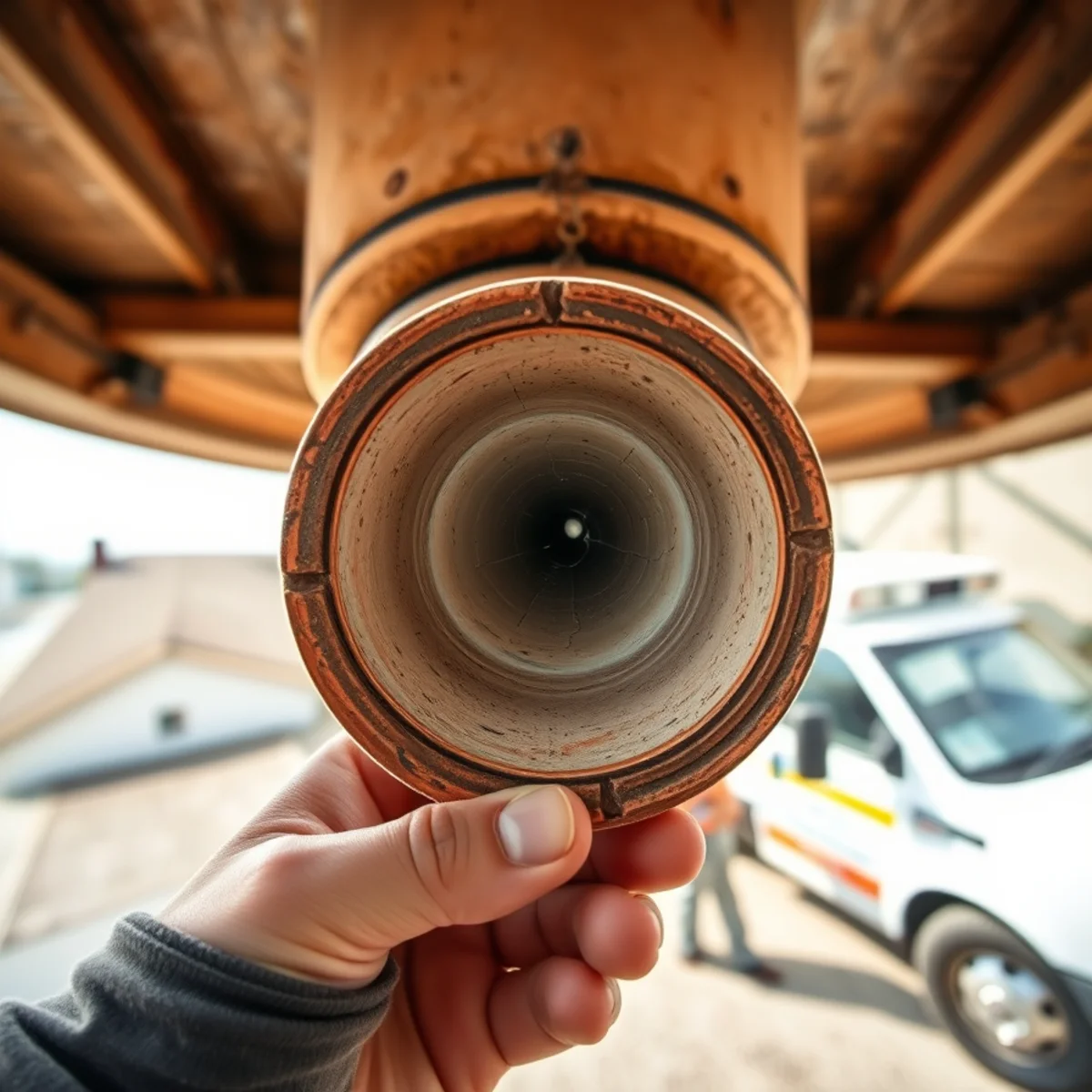 Inspection camera screen displaying thermal crack in terra cotta clay chimney flue liner