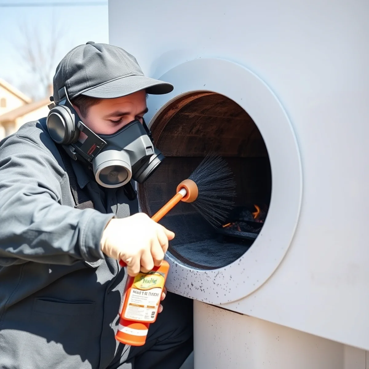 Technician using wire brush and chemical remover to scrub vitrified creosote from stove thimble