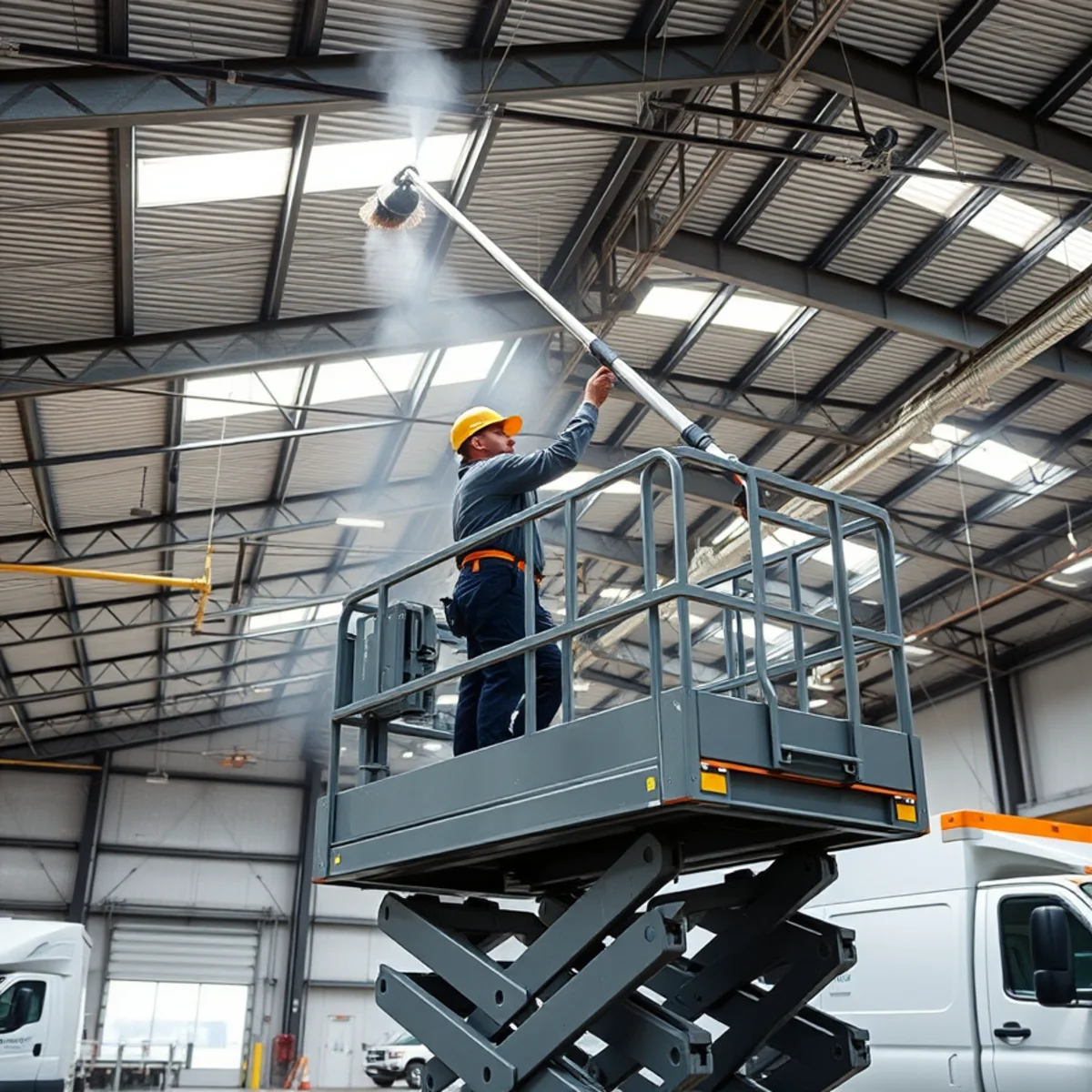 Technician on scissor lift cleaning soot from high steel roof trusses in commercial warehouse