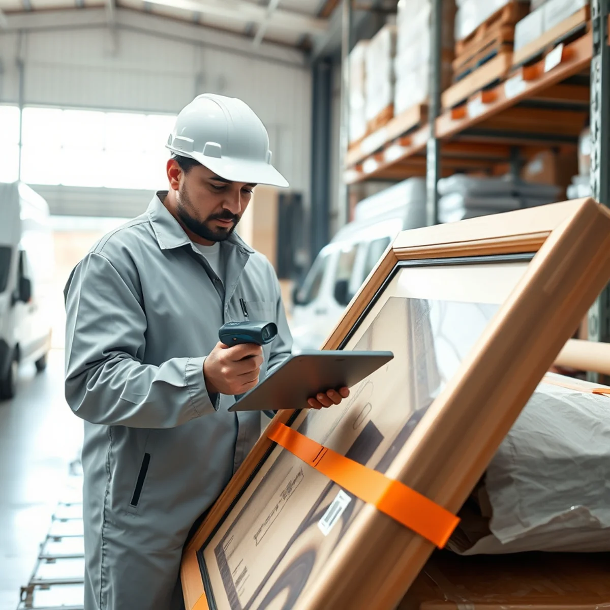 Technician using barcode scanner to catalog and track smoke-damaged belongings on digital tablet