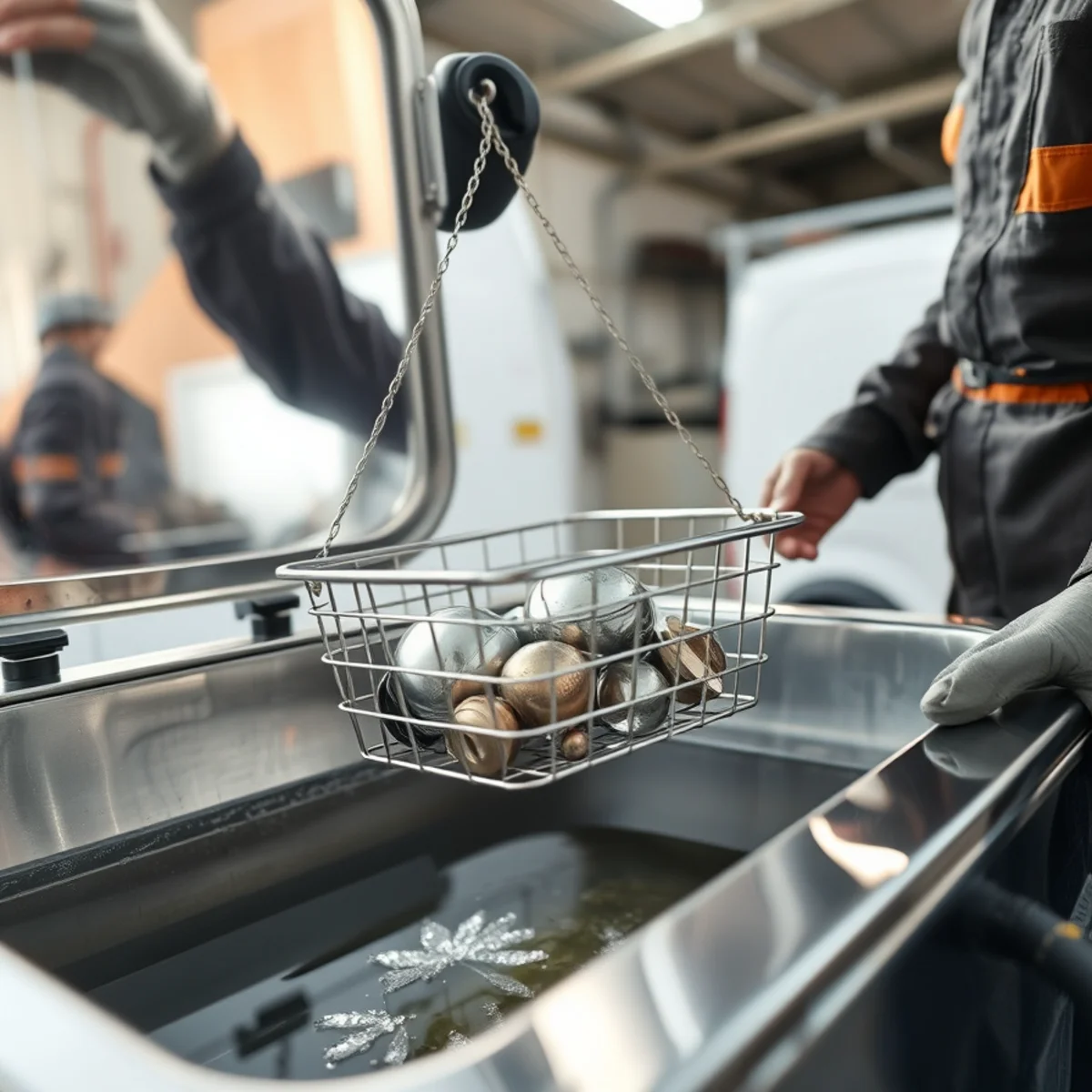 Stainless steel ultrasonic cleaning tank removing microscopic soot particles from delicate heirloom items