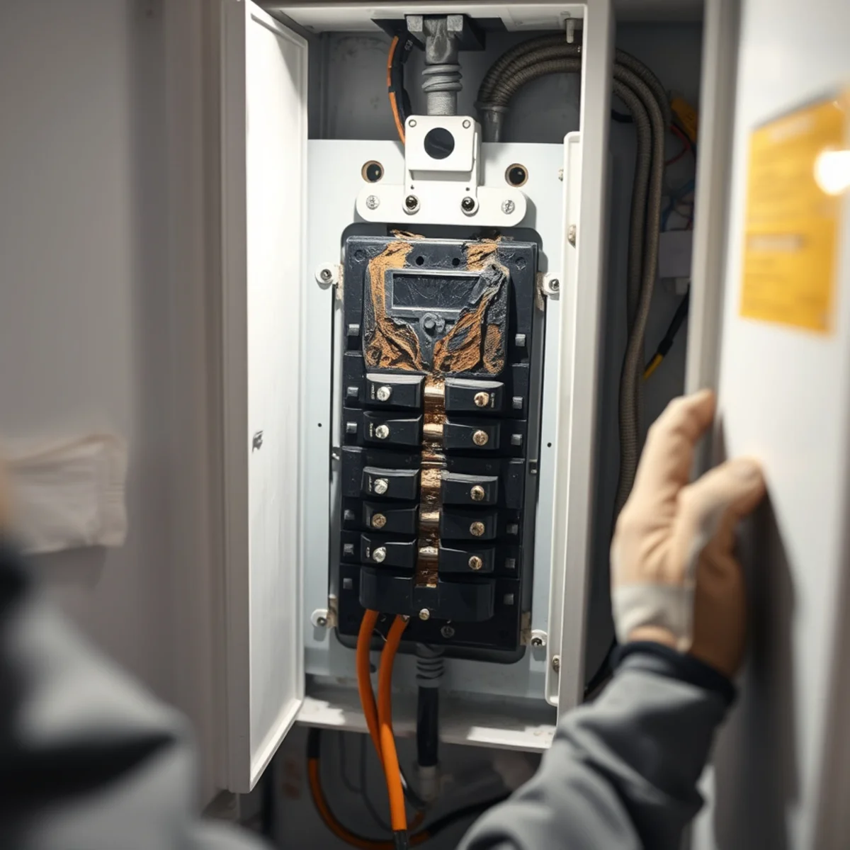 Melted circuit breaker and scorched copper busbar inside electrical distribution panel