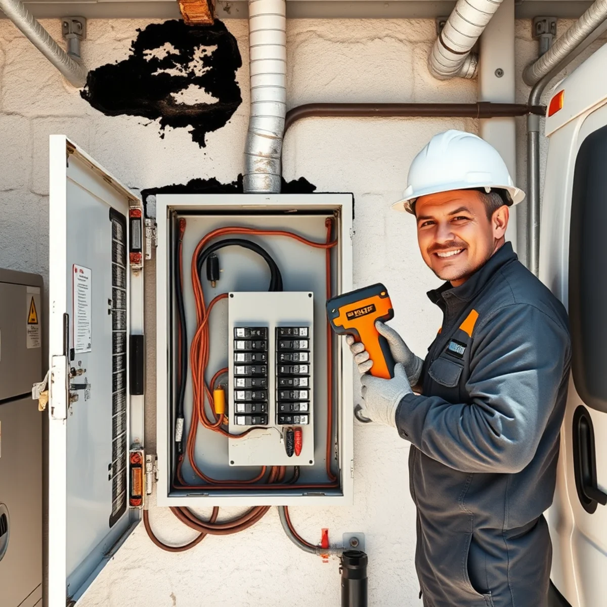 Residential electrical service panel showing localized soot and arc flash evidence during inspection