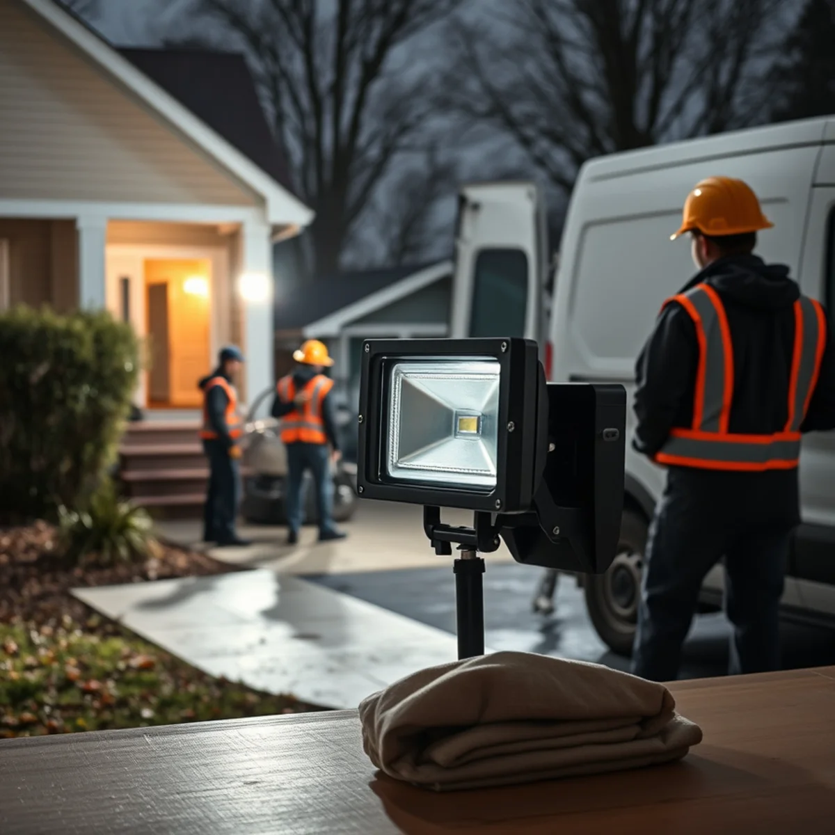 Portable commercial LED floodlight illuminating residential jobsite during 24/7 emergency dispatch
