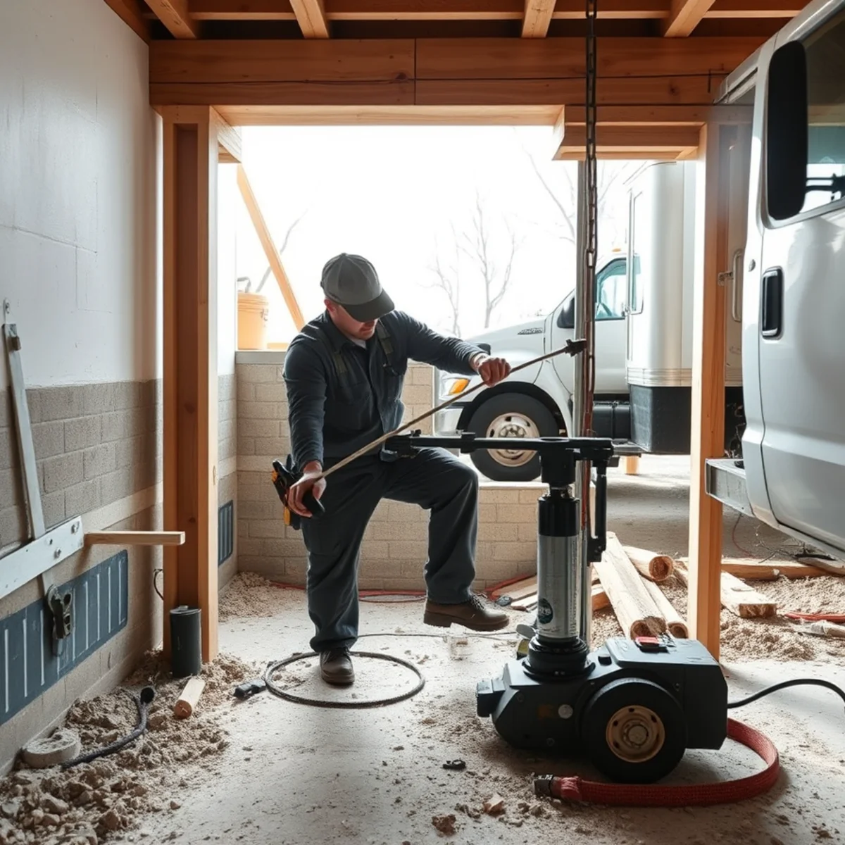 Temporary timber shoring posts and hydraulic jacks stabilizing compromised floor framing beam