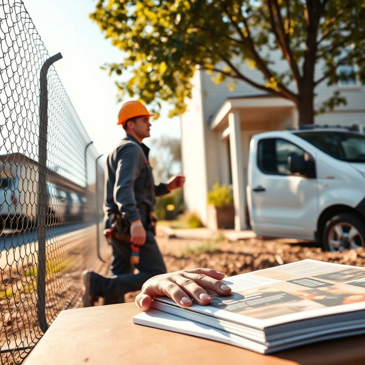 Temporary chain-link security fence panels installed around fire-damaged property perimeter