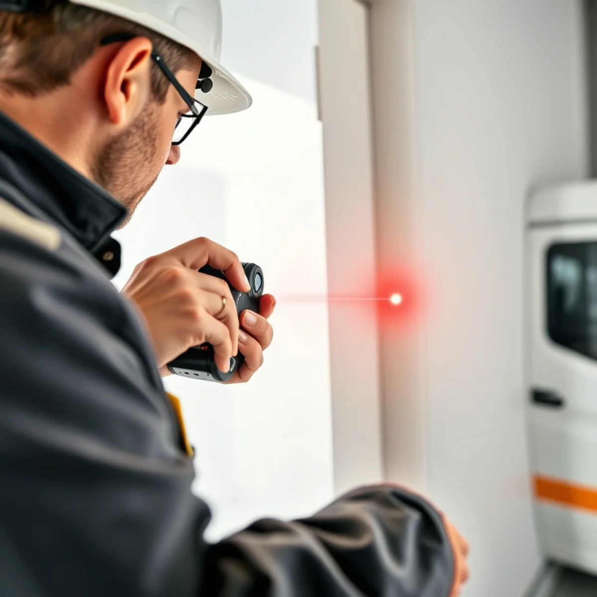 Estimator using precision laser measuring tool to record exact room dimensions for Xactimate estimate