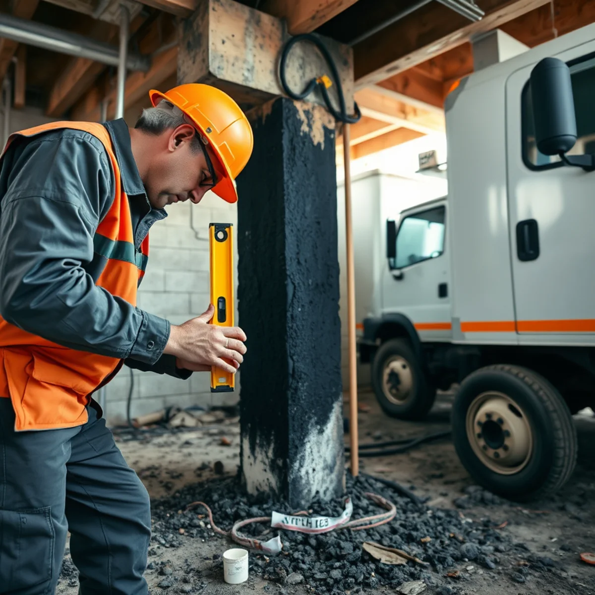 Technician checking vertical plumb and structural deflection on charred basement support column