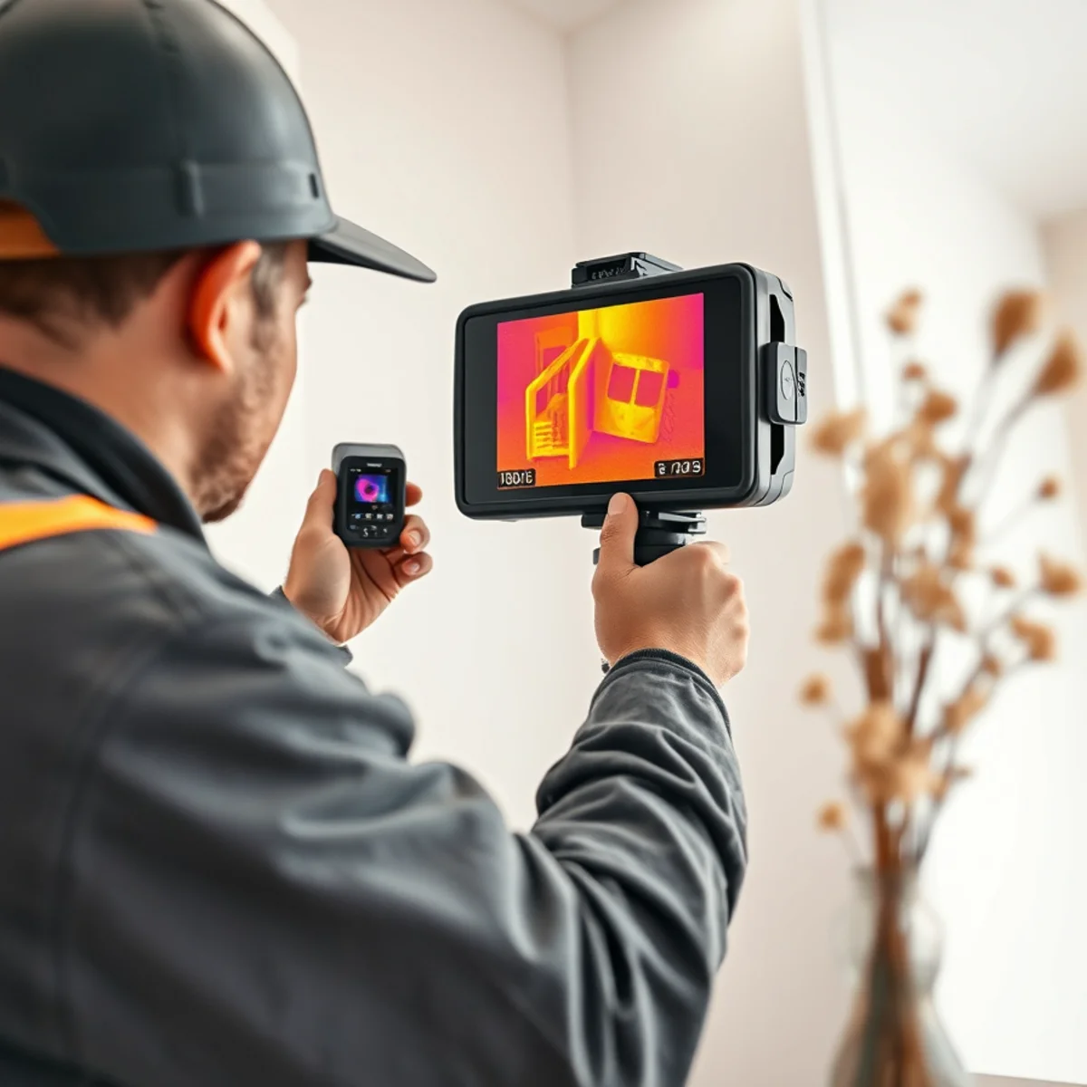 Dual-spectrum thermal imaging scanner detecting concealed heat anomalies inside interior wall corner