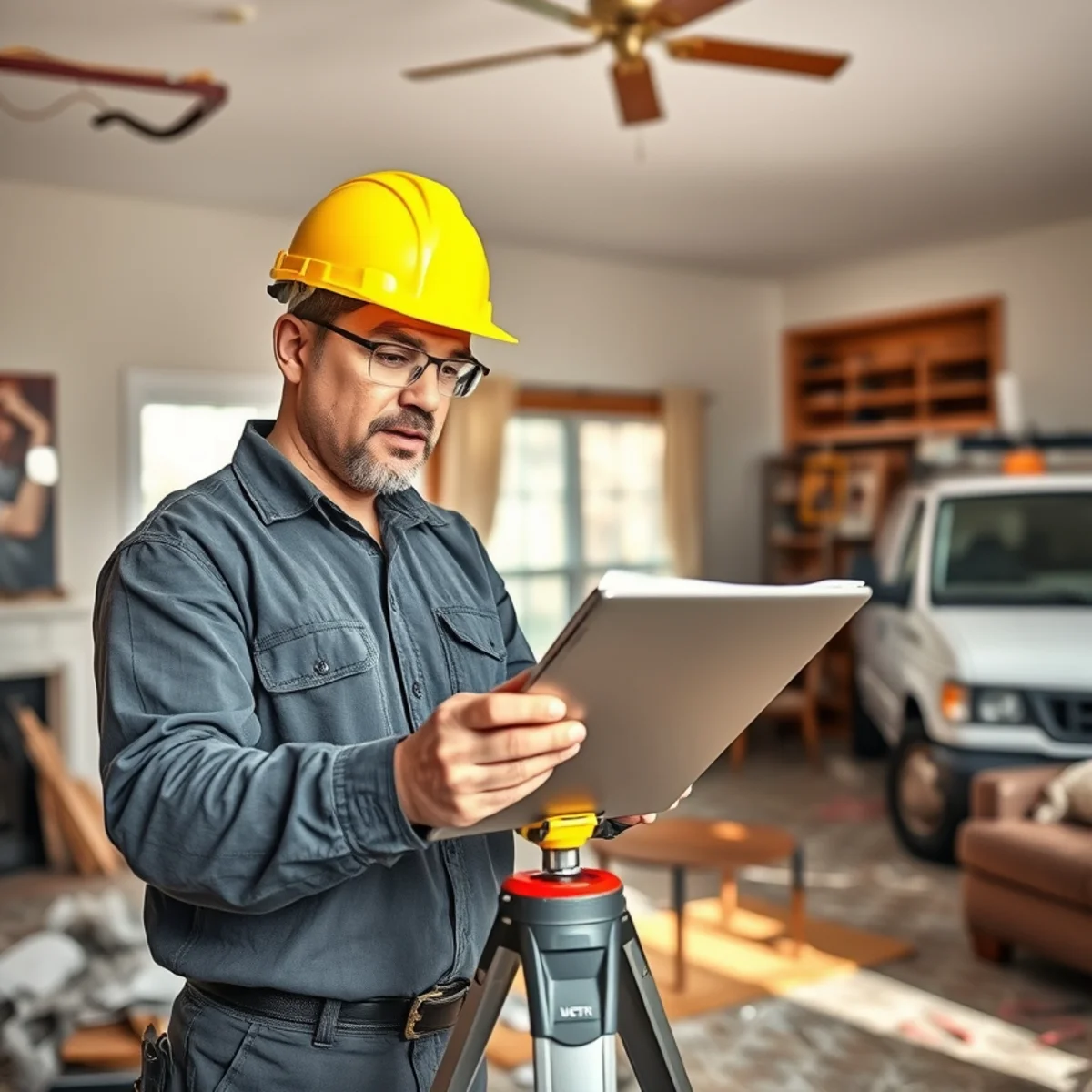 Senior restoration estimator scoping fire damage and structural loss on digital tablet