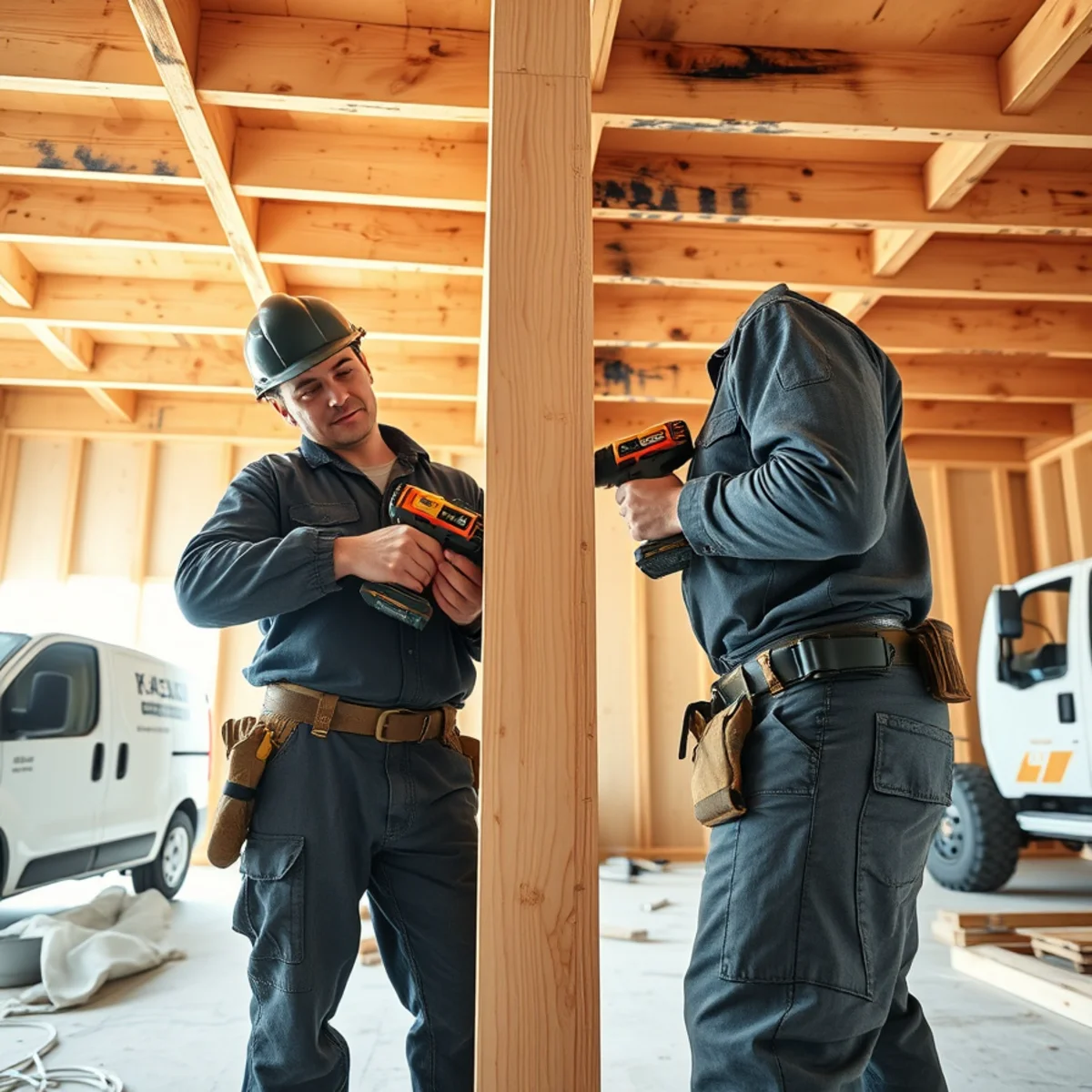 Carpenters sistering new structural joist lumber alongside charred floor joist using heavy bolts