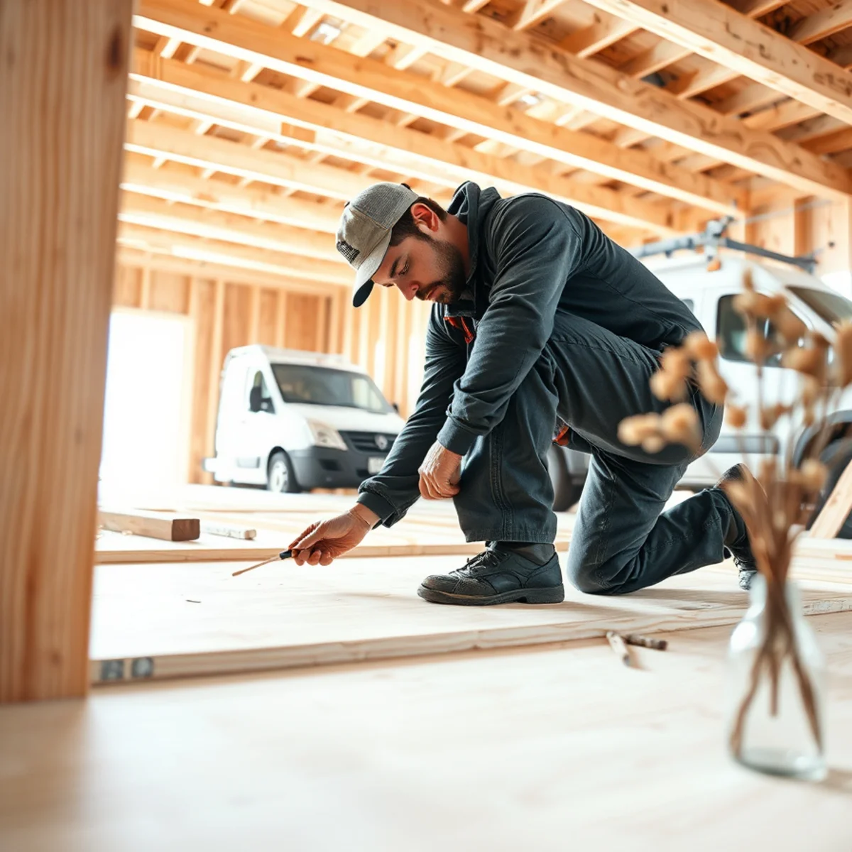 Carpenter applying adhesive and installing tongue-and-groove plywood subflooring over joists