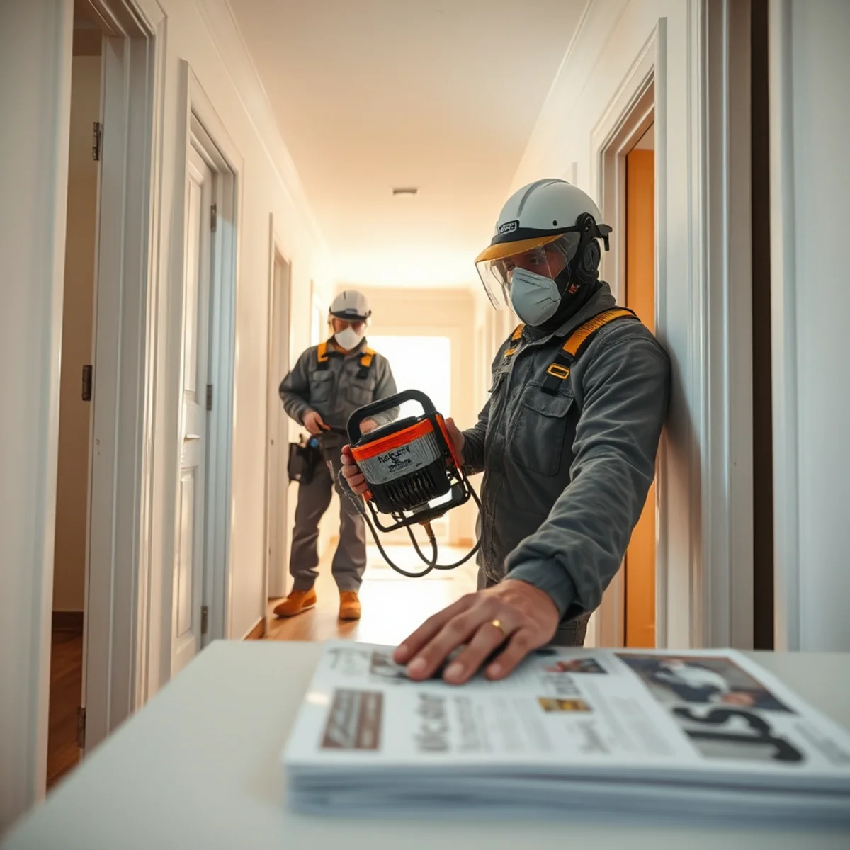 Electric thermal fogger generating fine vapor mist to neutralize embedded smoke odors in hallway