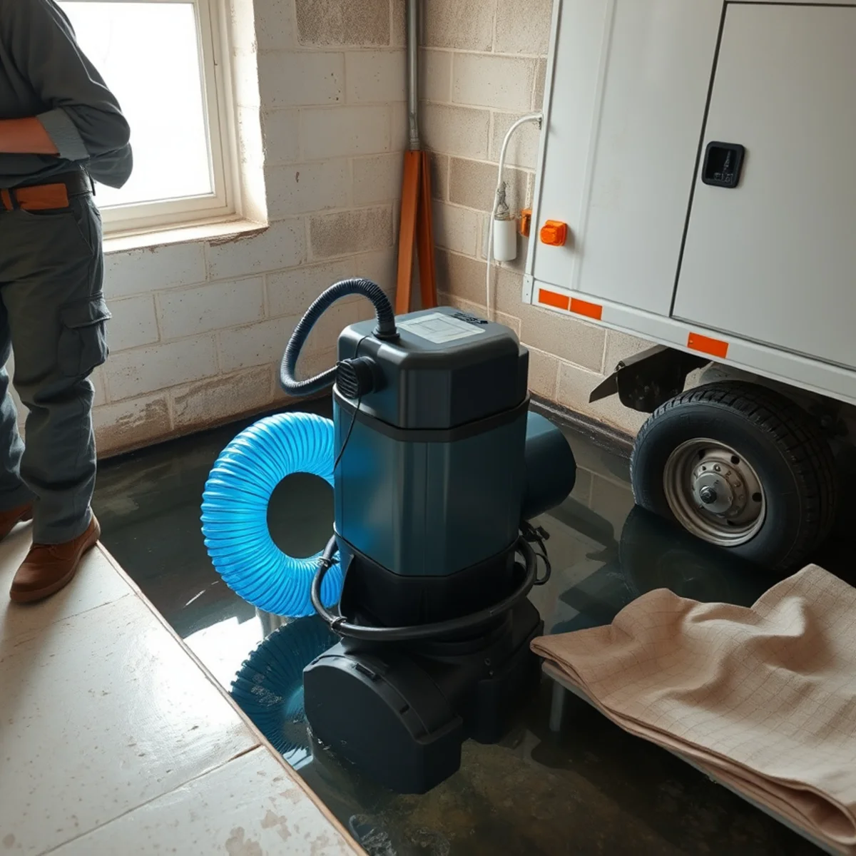 Submersible trash pump draining deep standing water from residential basement out egress window