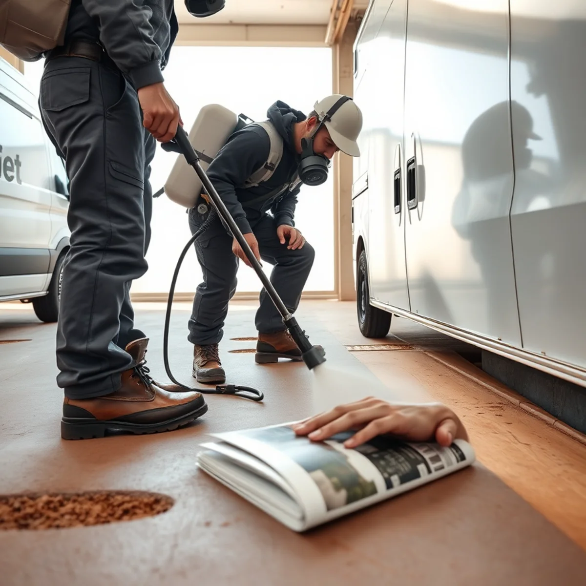 Technician applying antimicrobial sanitizing spray across freshly extracted subflooring