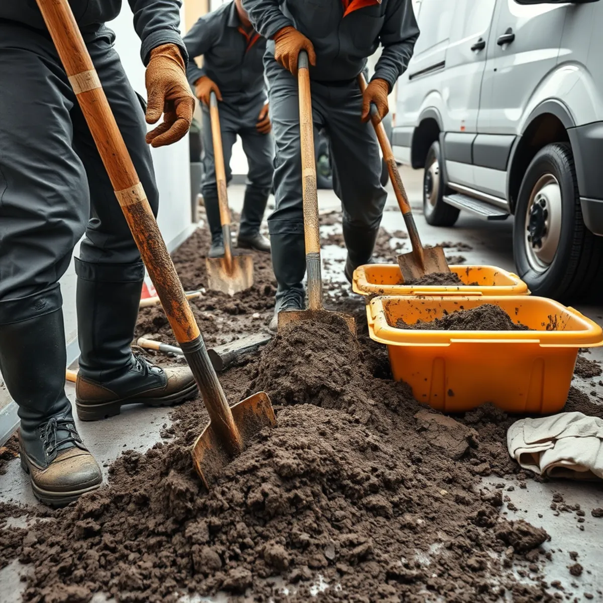 Restoration workers shoveling river mud and silt deposits from flooded basement concrete floor