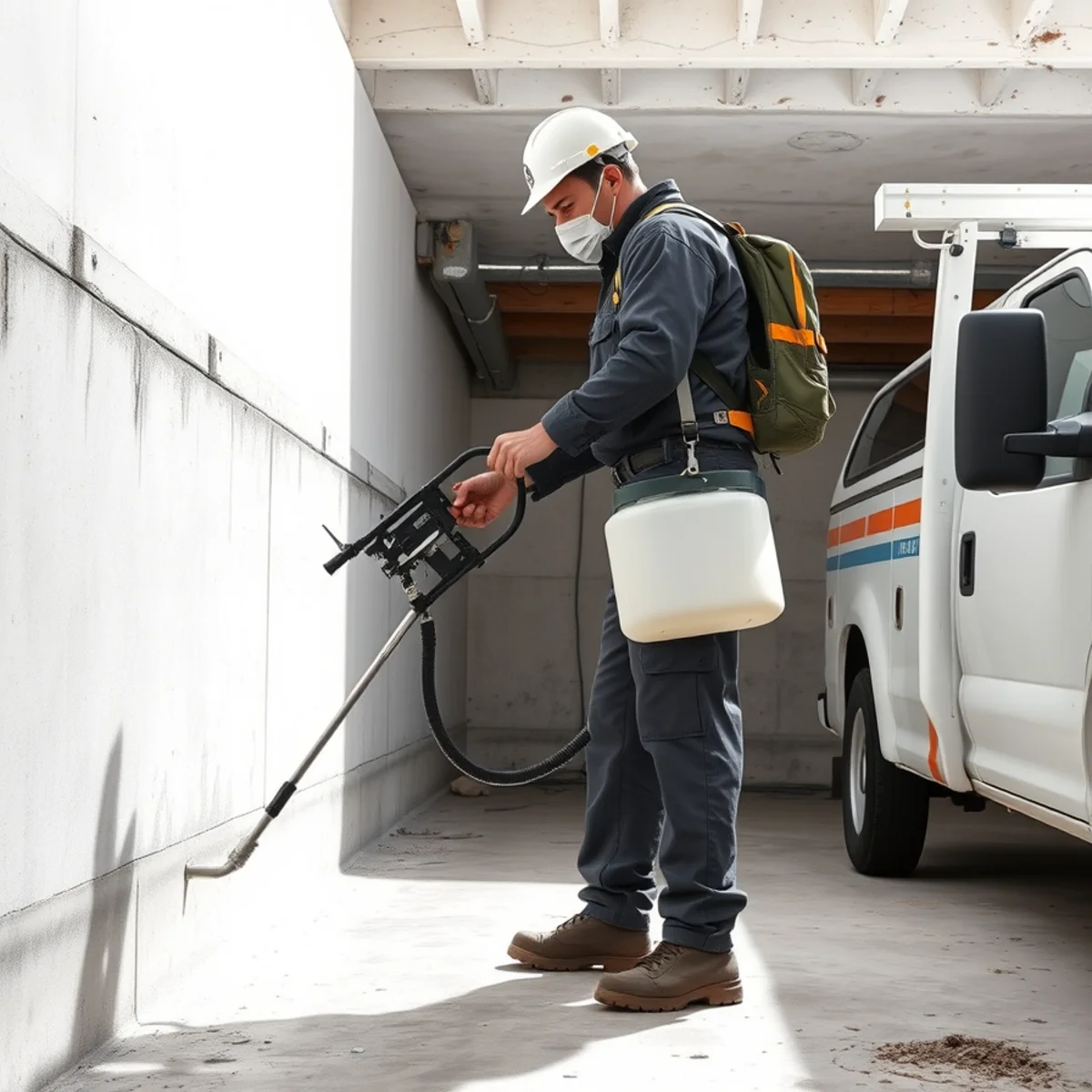 Technician applying hospital-grade biocide wash to bare concrete basement foundation walls