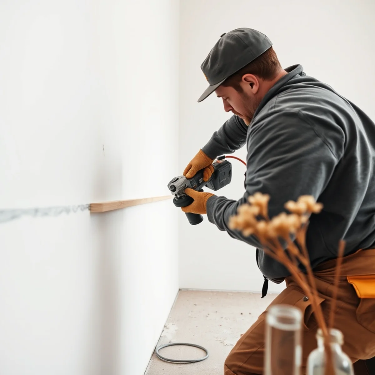 Carpenter using oscillating tool to make neat two-foot flood cut through soaked interior drywall