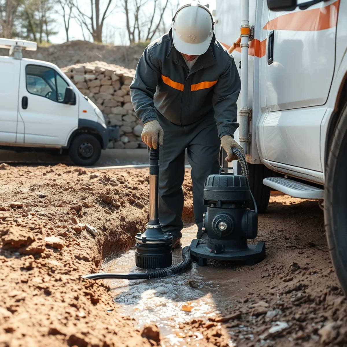 Technician operating submersible pump to evacuate standing pipe burst water from crawlspace
