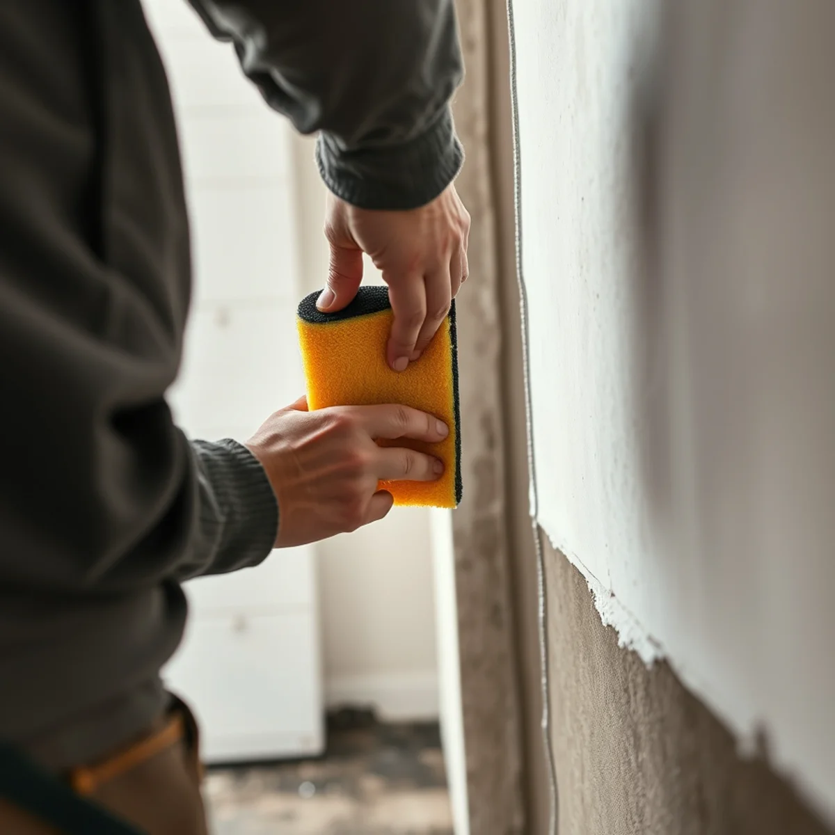 Electrostatic dry sponge lifting sticky fuel oil soot from painted wall surface in basement