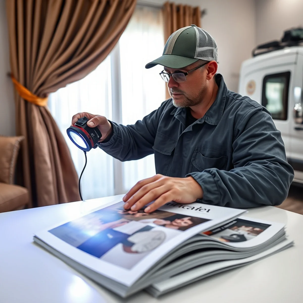 Technician using ultraviolet inspection light on living room drapery to detect fuel oil mist