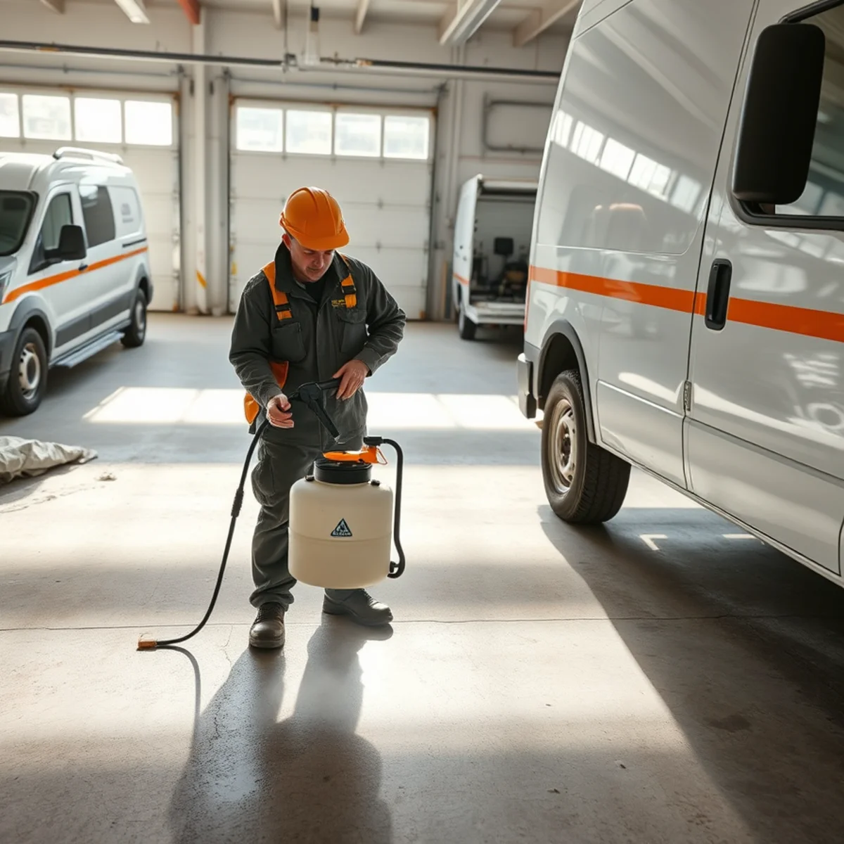 Technician applying chemical neutralizing solution to garage concrete floor to dissolve hydrocarbon soot