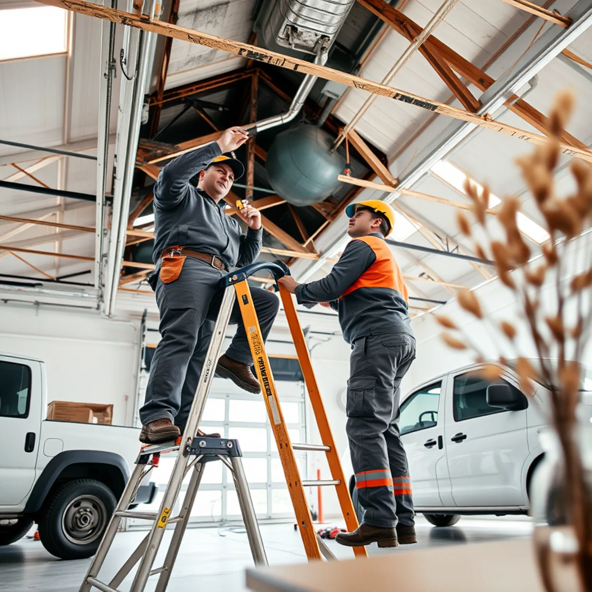 Technician on stepladder evaluating charring on prefabricated wooden garage roof truss web members