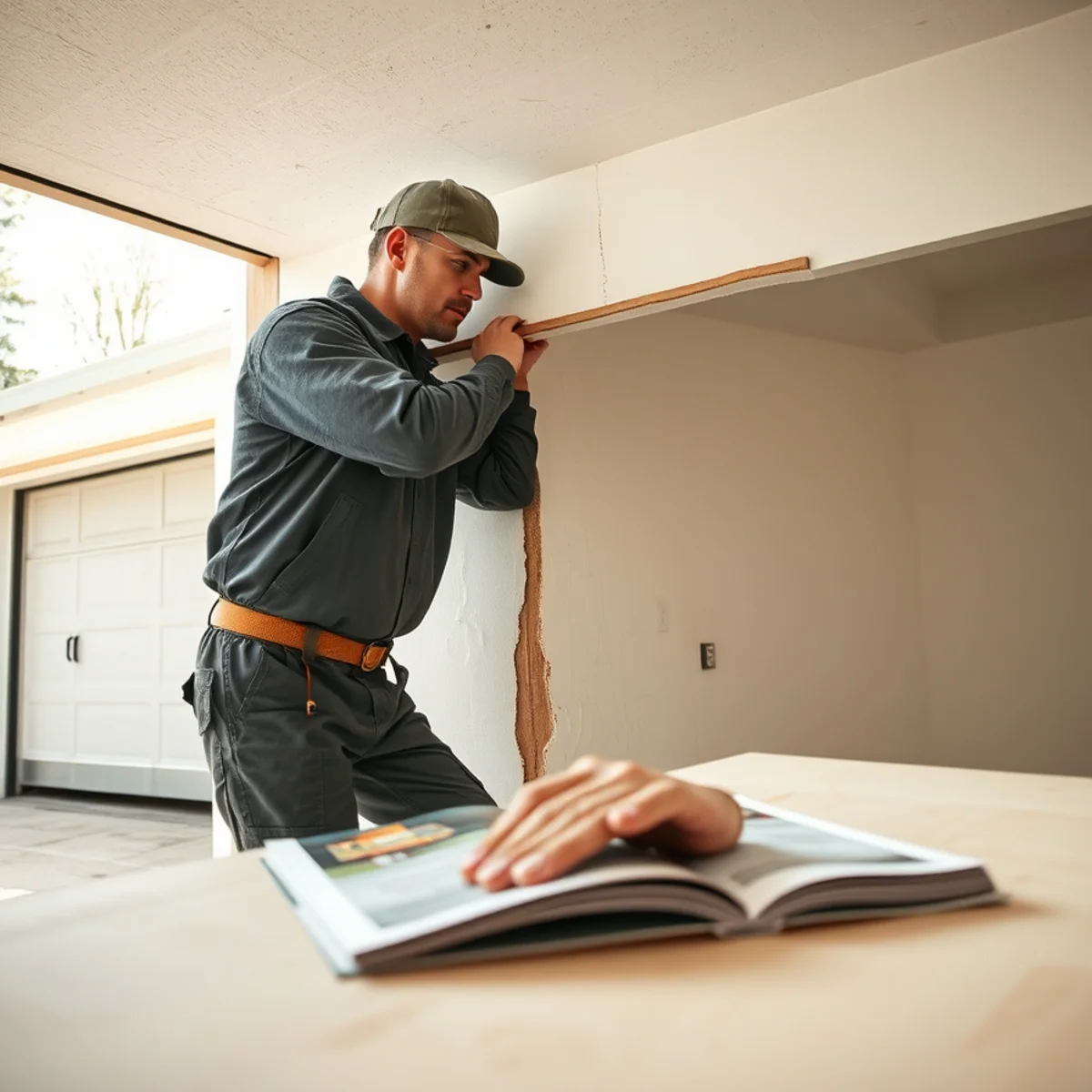 Carpenter hanging 5/8-inch Type X fire-rated drywall on wall separating attached garage and house