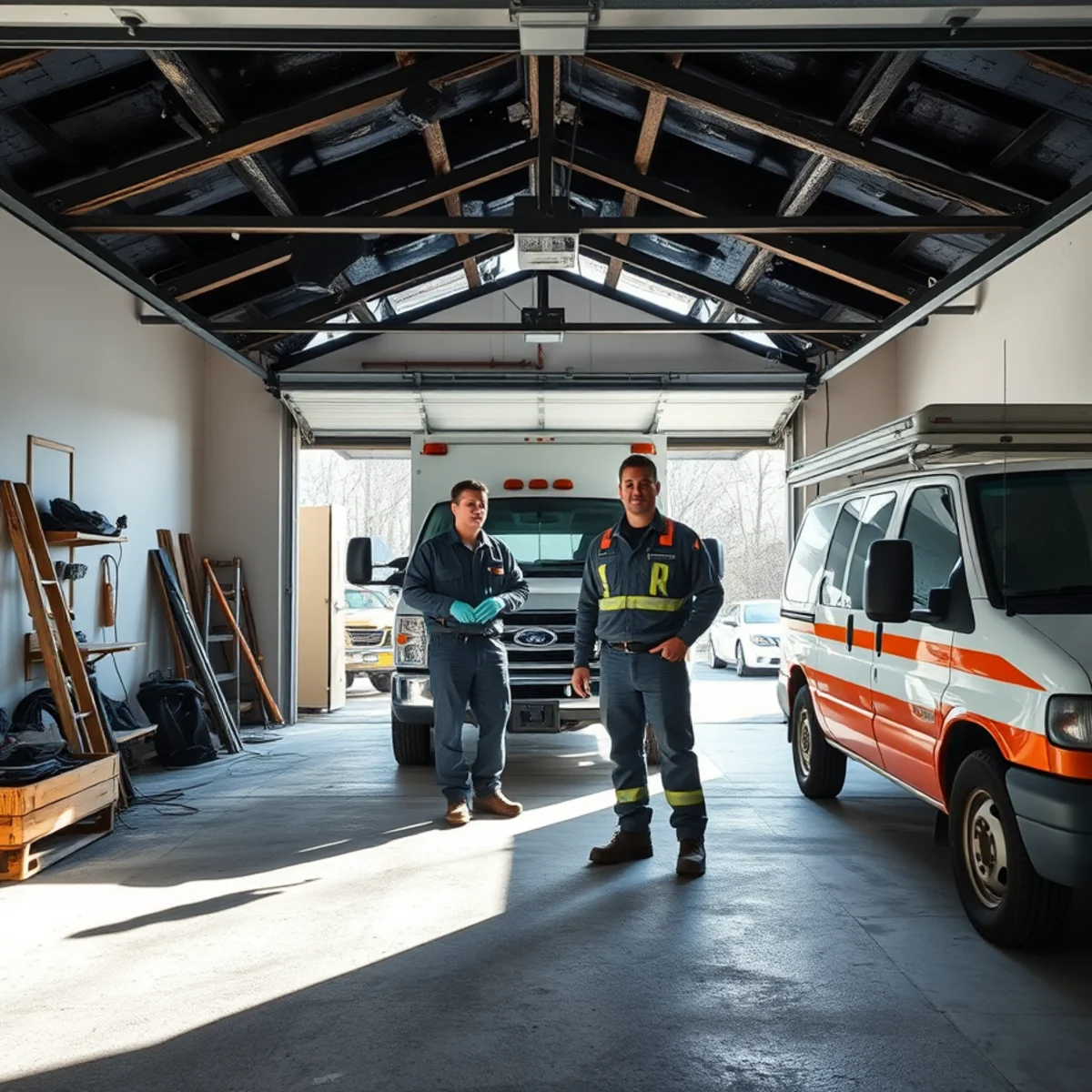Two-car residential garage interior with charred roof trusses and soot-blackened concrete slab