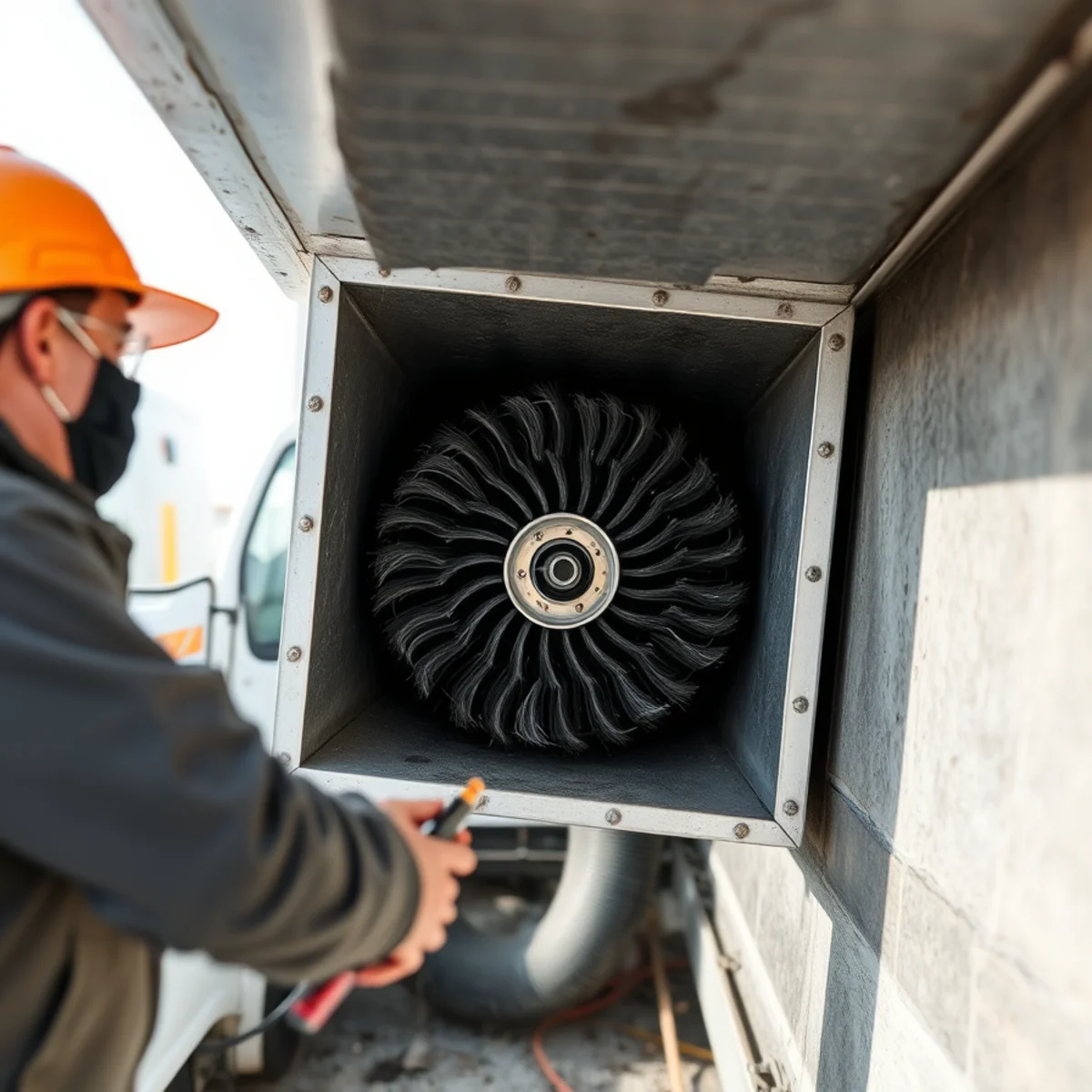 Motorized rotary brush scrubbing black soot deposits inside residential galvanized sheet metal duct