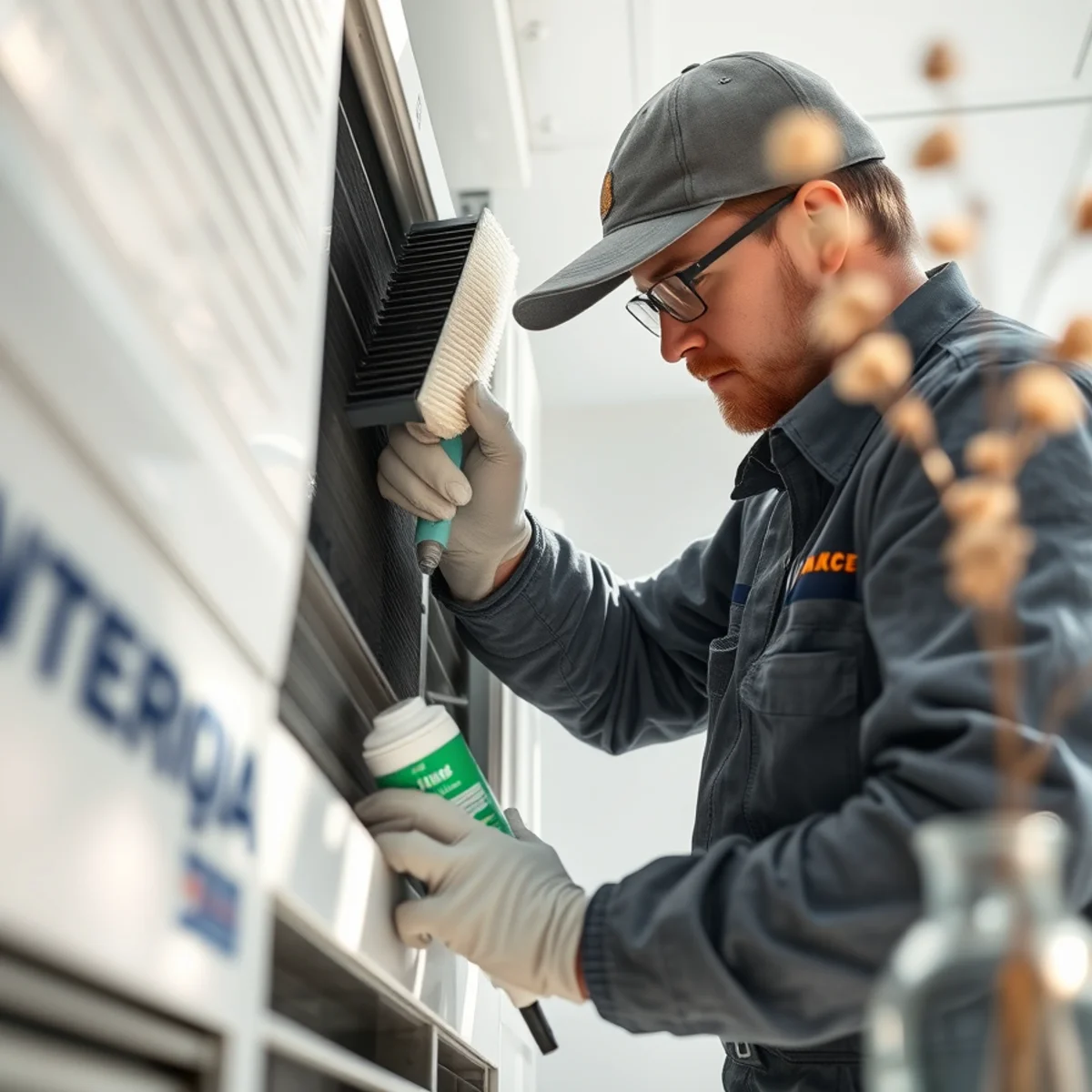 Technician cleaning and sanitizing aluminum evaporator coil fins with foaming chemical cleaner