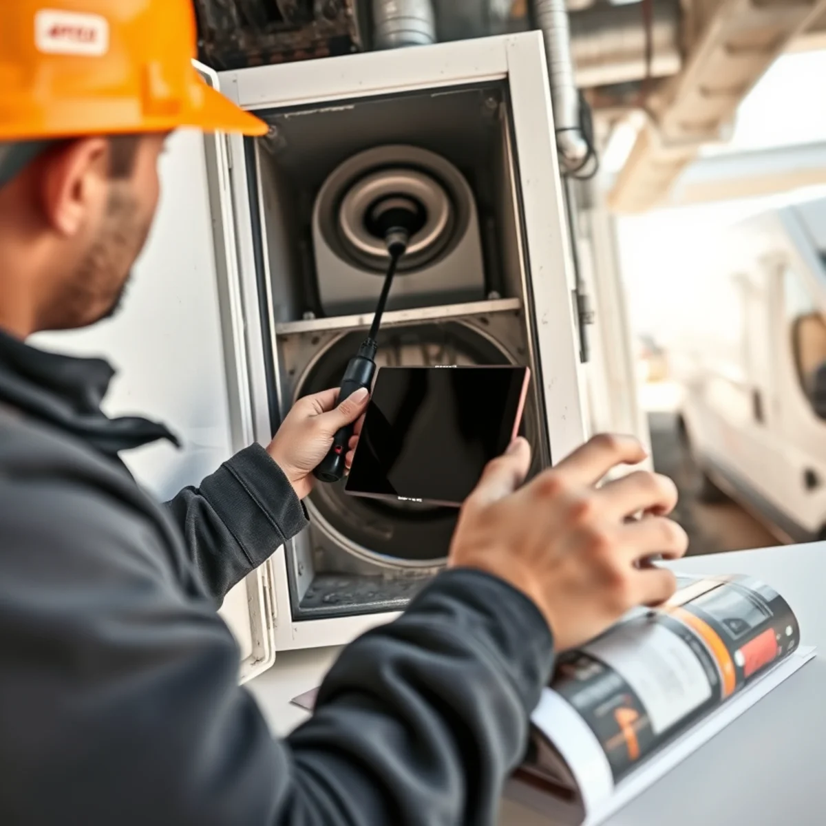 Fiber-optic endoscopic inspection camera inspecting interior plenum chamber for soot residue