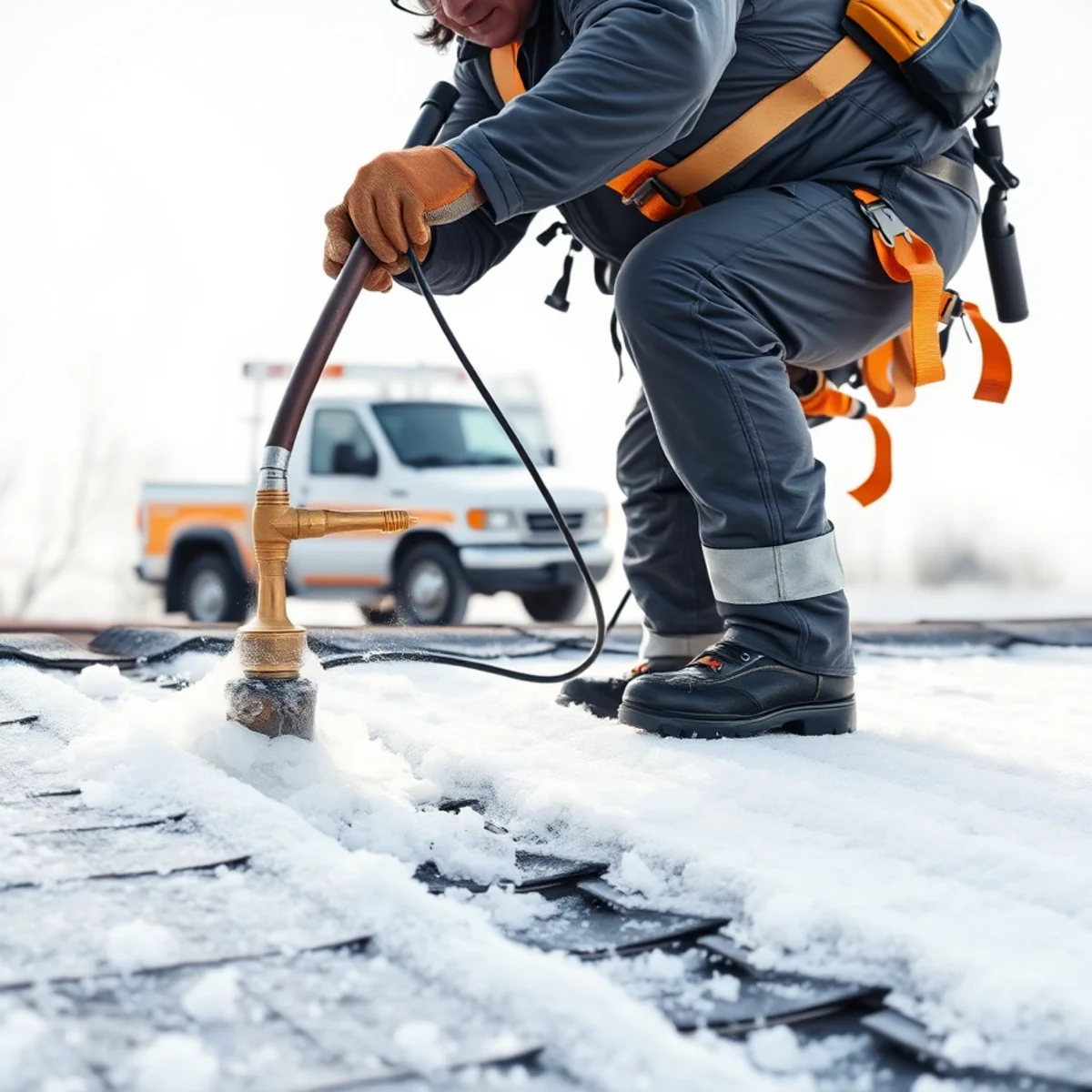 Specialized low-pressure steam nozzle carving drainage channels through thick roof ice dam