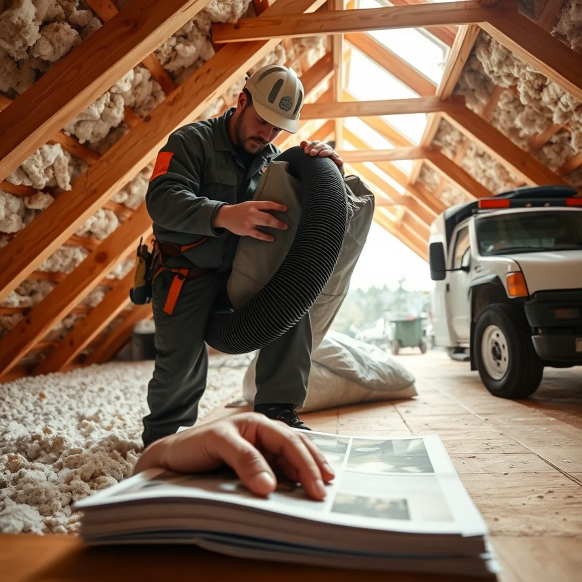 Heavy vacuum hose removing soggy collapsed attic insulation from between ceiling joists