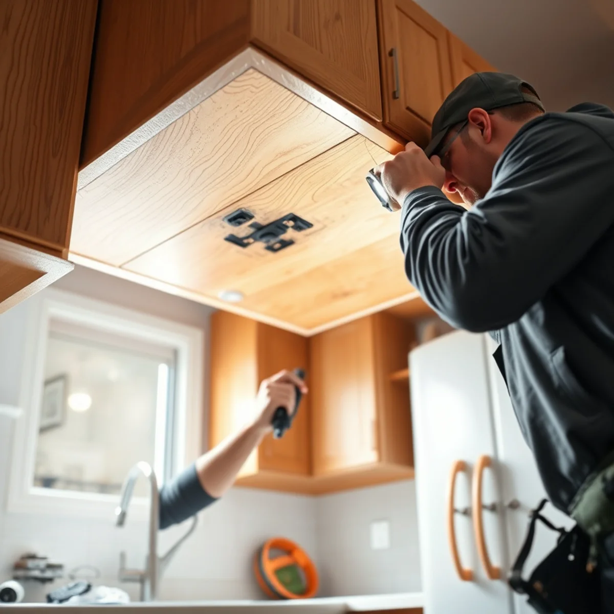 Estimator inspecting charred underside of upper kitchen cabinet for repairability versus replacement