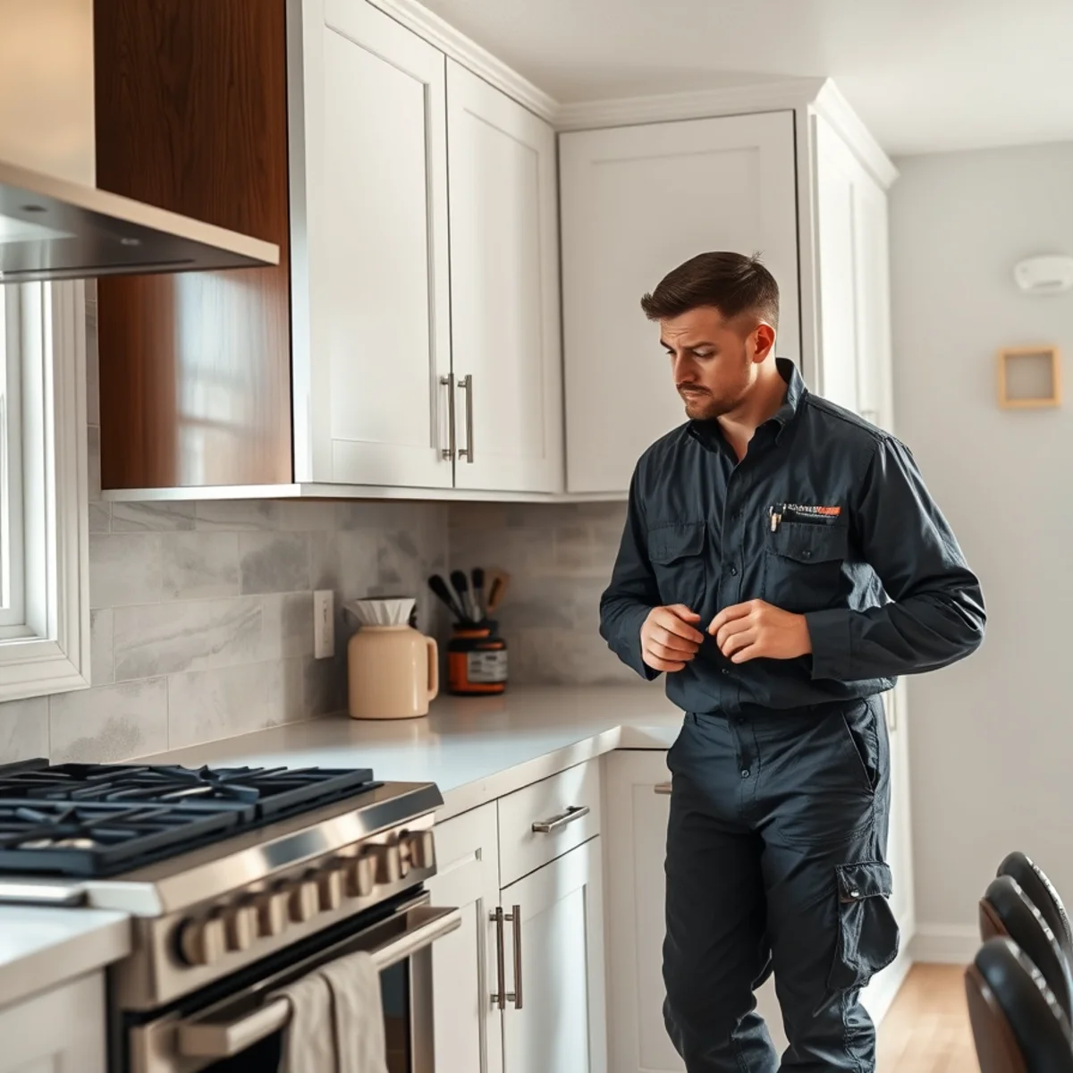Residential kitchen showing localized smoke and protein residue on cabinetry above cooking range