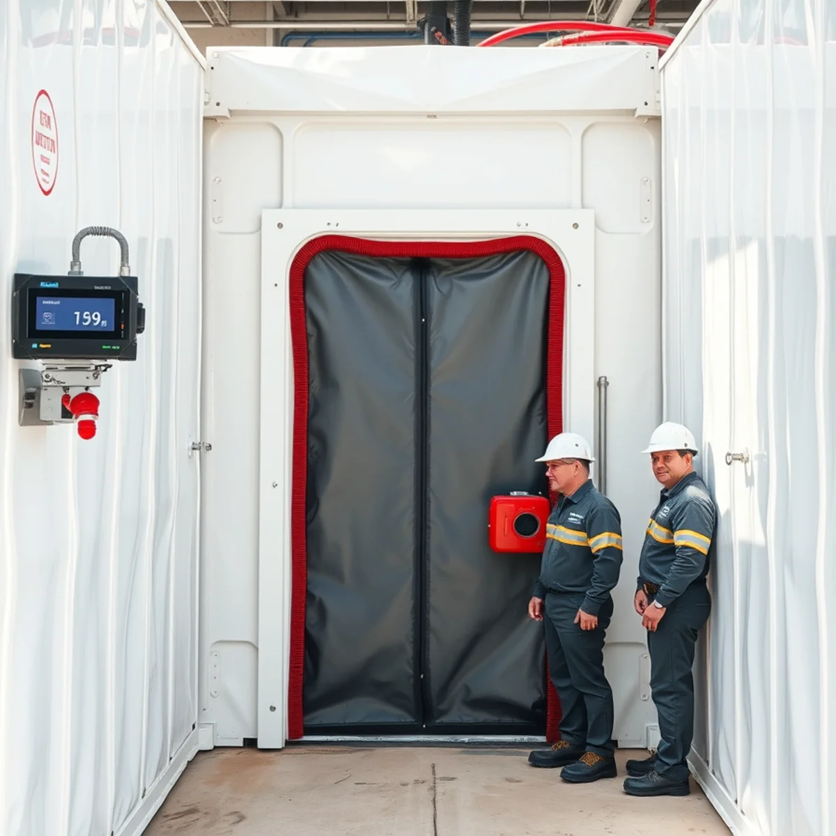 Critical containment barrier with zipper airlock and digital manometer verifying negative pressure