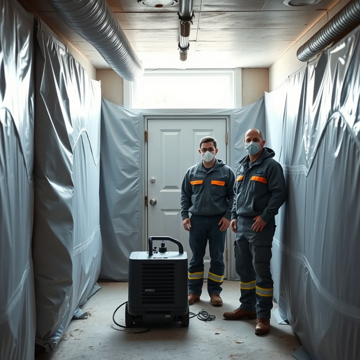 Basement mold remediation containment chamber with negative air machine and zipper entry door